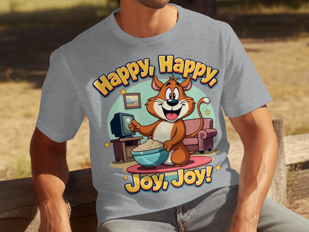 Happy Happy Joy Joy with Cartoon Cat Design T-Shirts