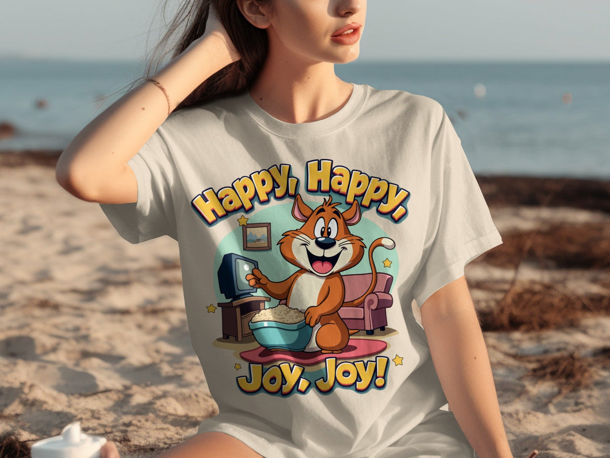 Happy Happy Joy Joy with Cartoon Cat Design T-Shirts
