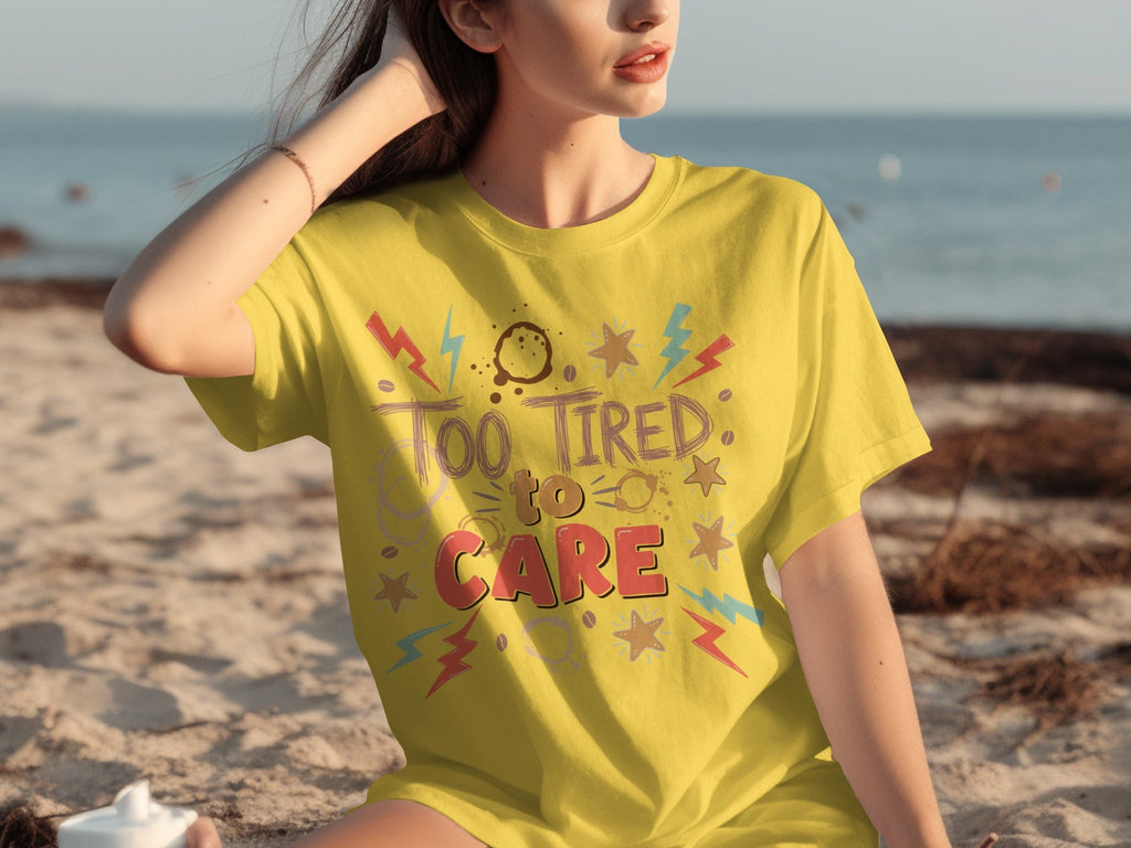 Too Tired to Care Coffee Spills and Stars Design T-Shirts product image 4