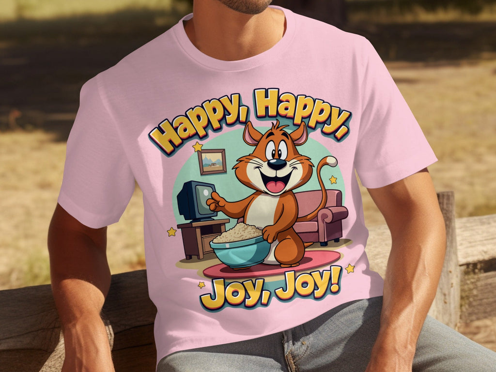Happy Happy Joy Joy with Cartoon Cat Design T-Shirts