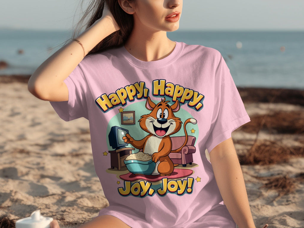 Happy Happy Joy Joy with Cartoon Cat Design T-Shirts