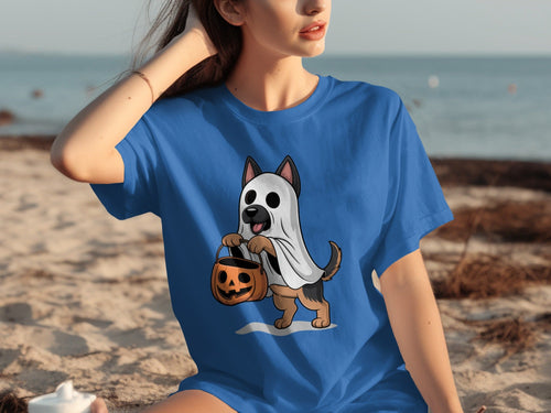 Cute German Shepherd Dressed as Ghost for Halloween T-Shirts