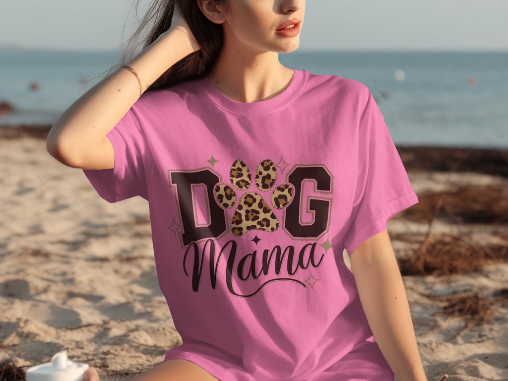 Dog Mama Lettering Design Leopard Paw Print Graphic T-Shirts
