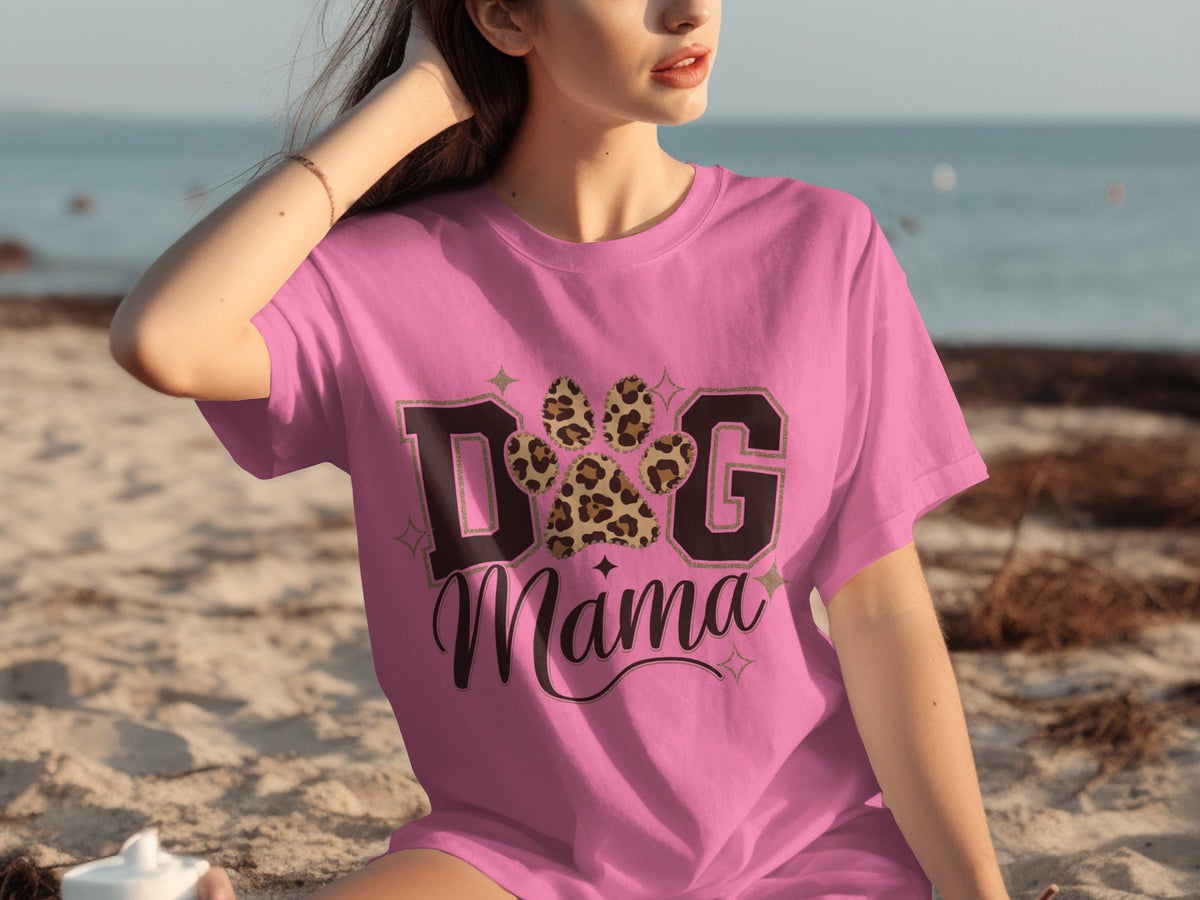 Dog Mama Lettering Design Leopard Paw Print Graphic T-Shirts