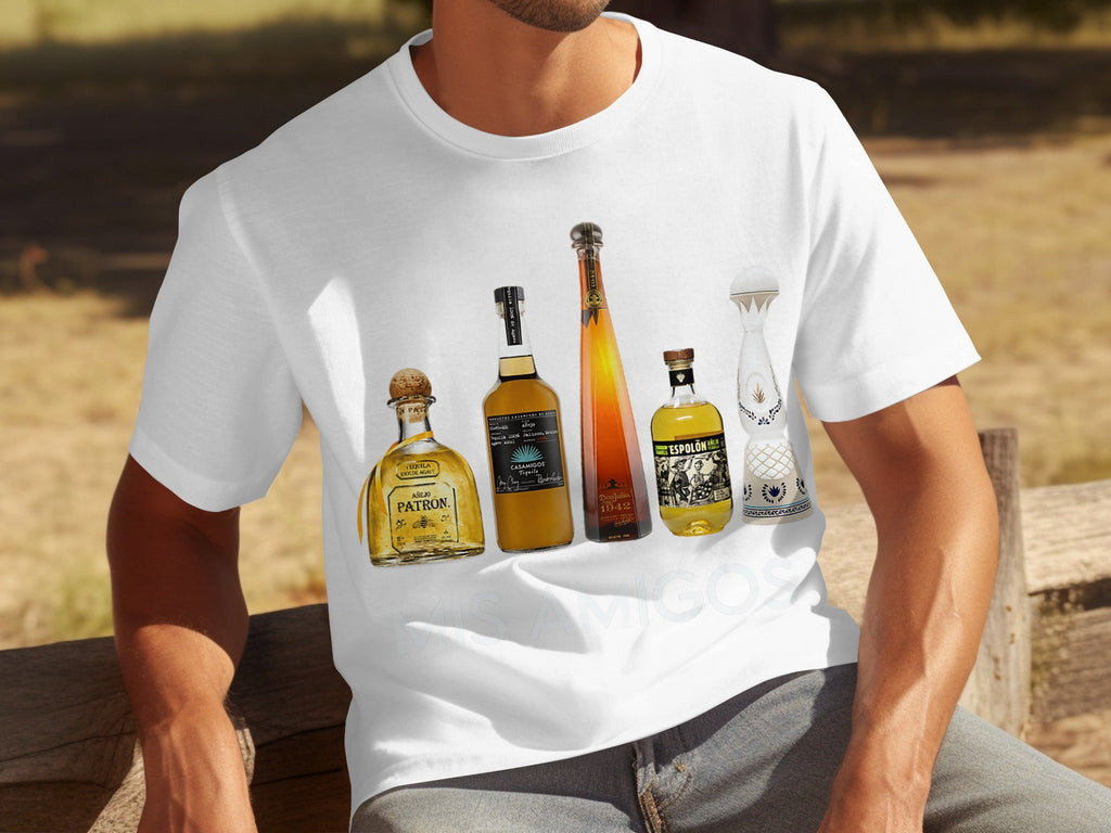 Tequila Bottles Lineup featuring Mis Amigos Text T-Shirts
