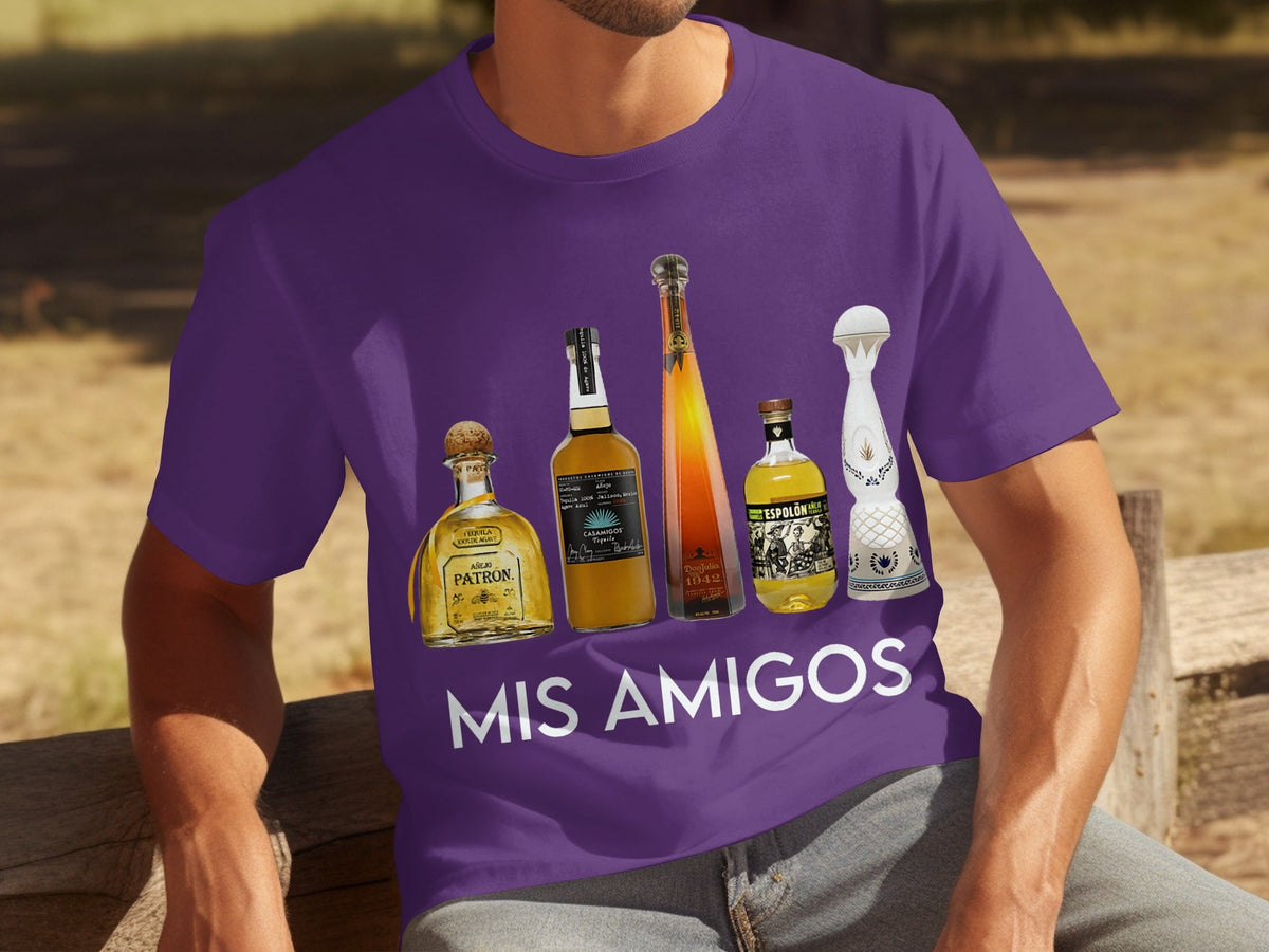 Tequila Bottles Lineup featuring Mis Amigos Text T-Shirts