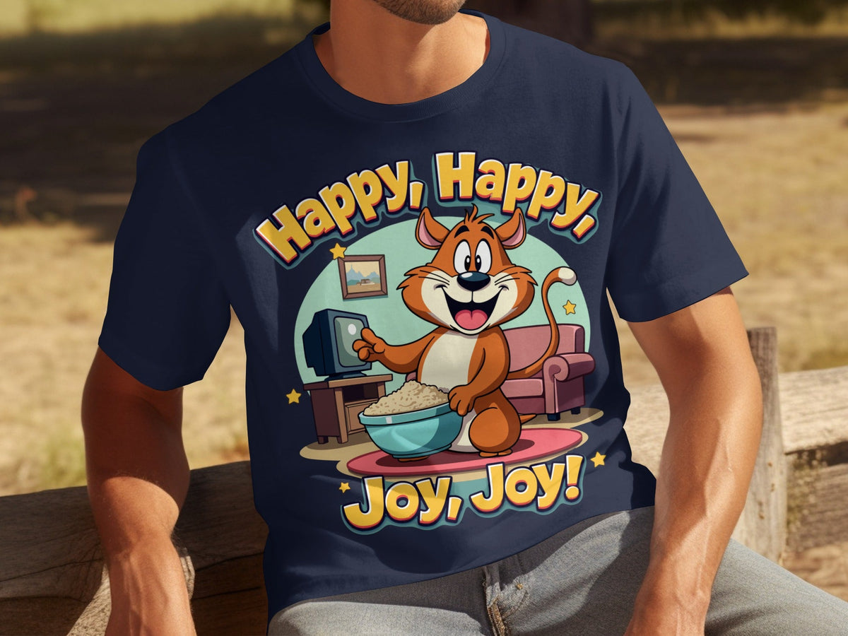 Happy Happy Joy Joy with Cartoon Cat Design T-Shirts
