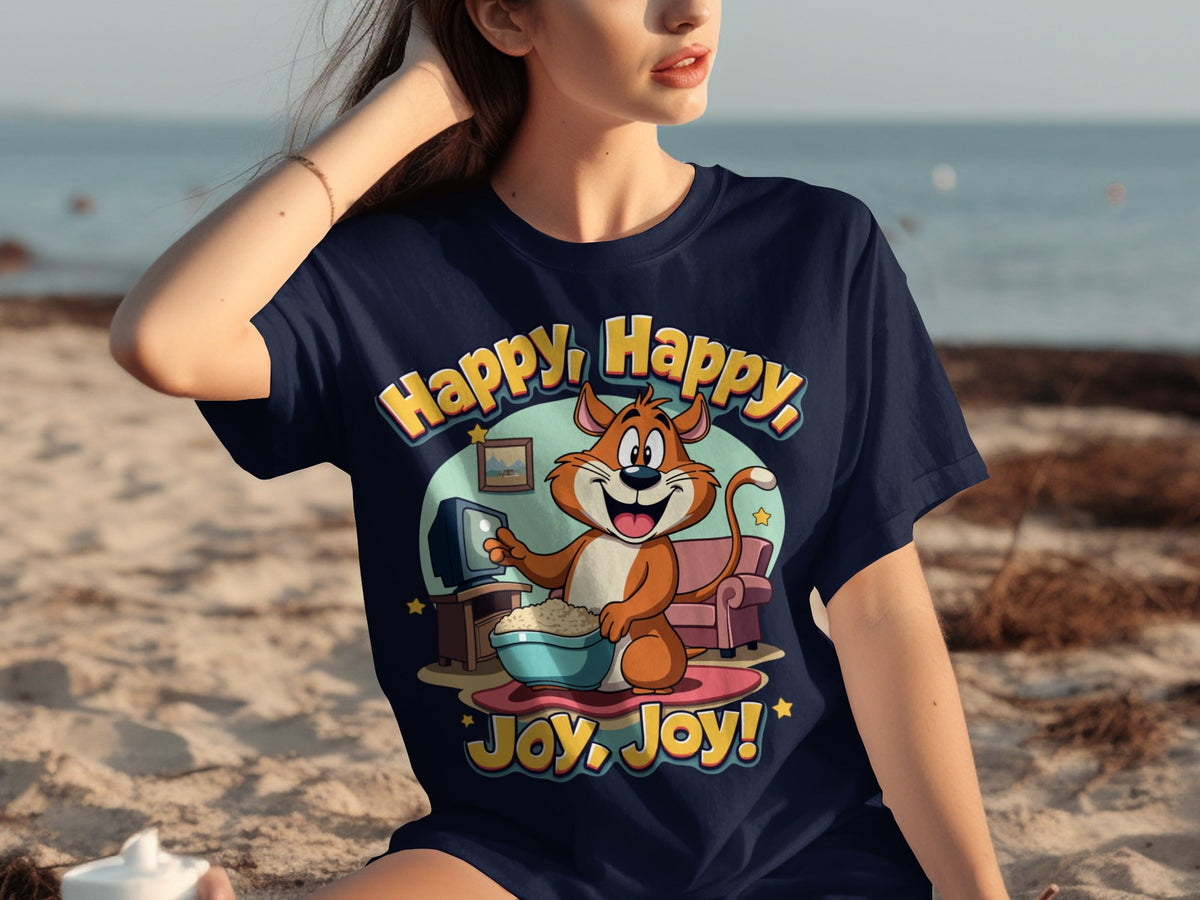 Happy Happy Joy Joy with Cartoon Cat Design T-Shirts