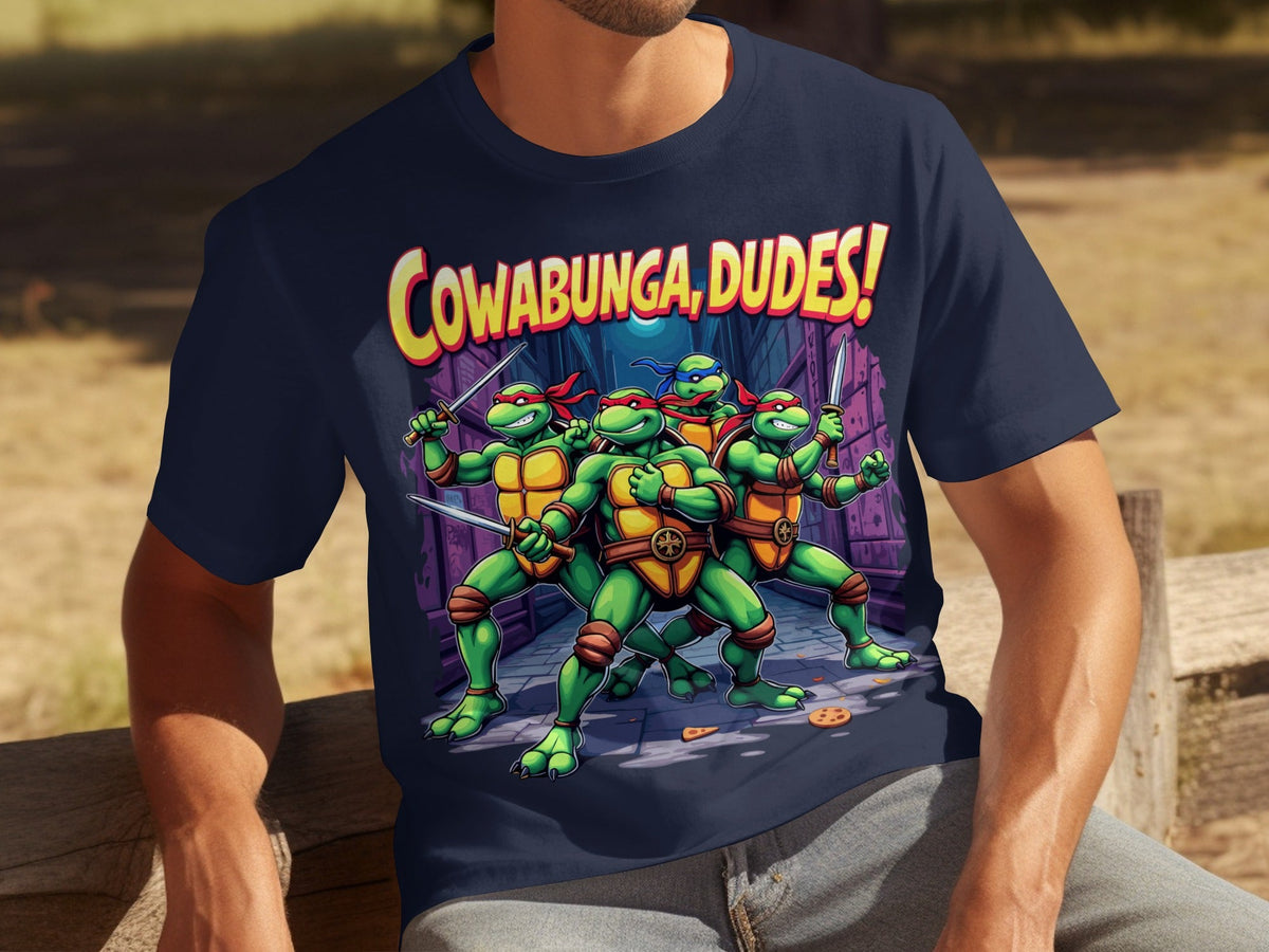 Cowabunga Dudes Four Turtles with Swords in Alley T-Shirts