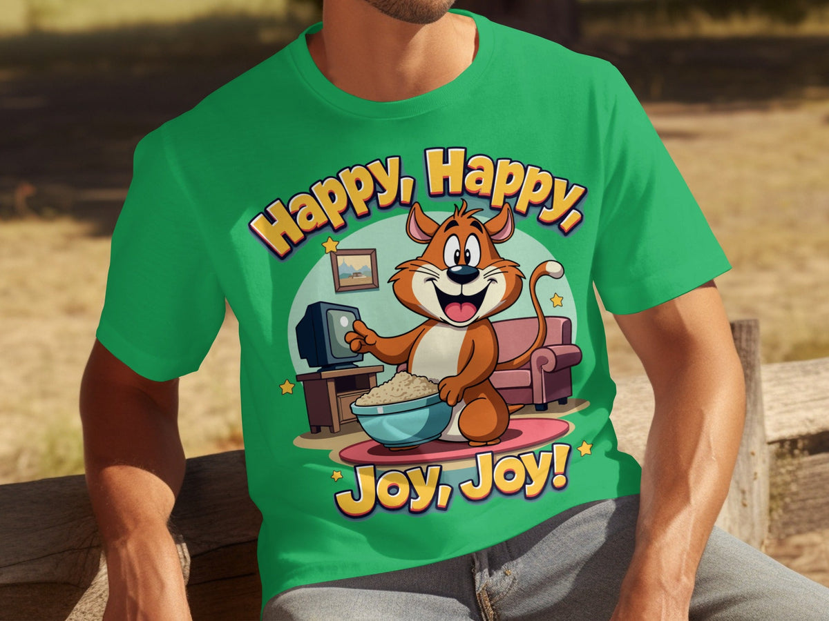 Happy Happy Joy Joy with Cartoon Cat Design T-Shirts