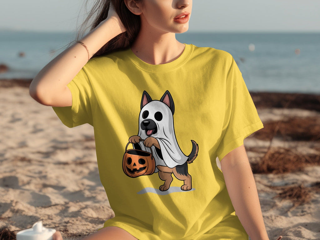 Cute German Shepherd Dressed as Ghost for Halloween T-Shirts