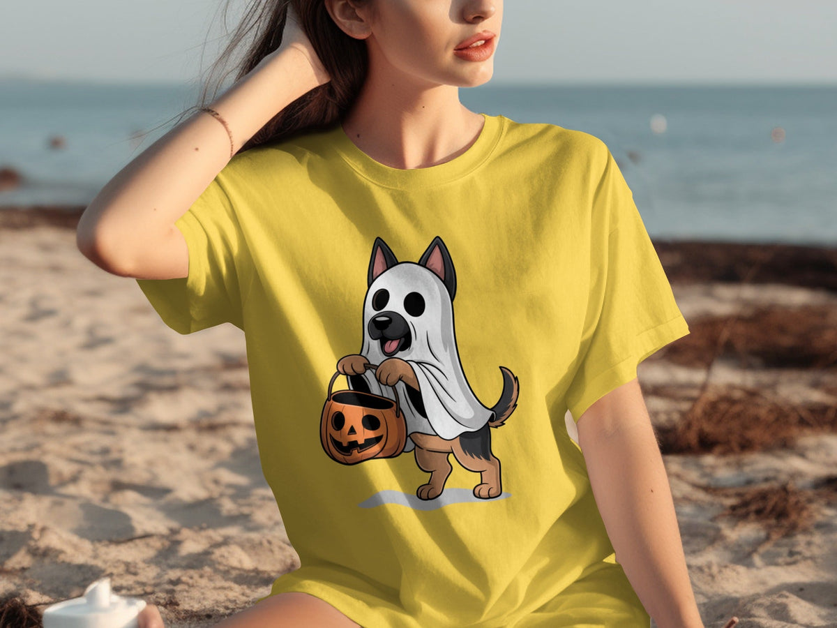 Cute German Shepherd Dressed as Ghost for Halloween T-Shirts