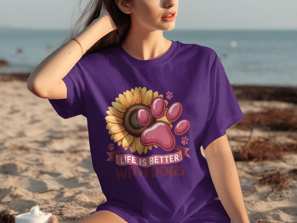 Life Is Better With Dogs Sunflower And Paw Print T-Shirts