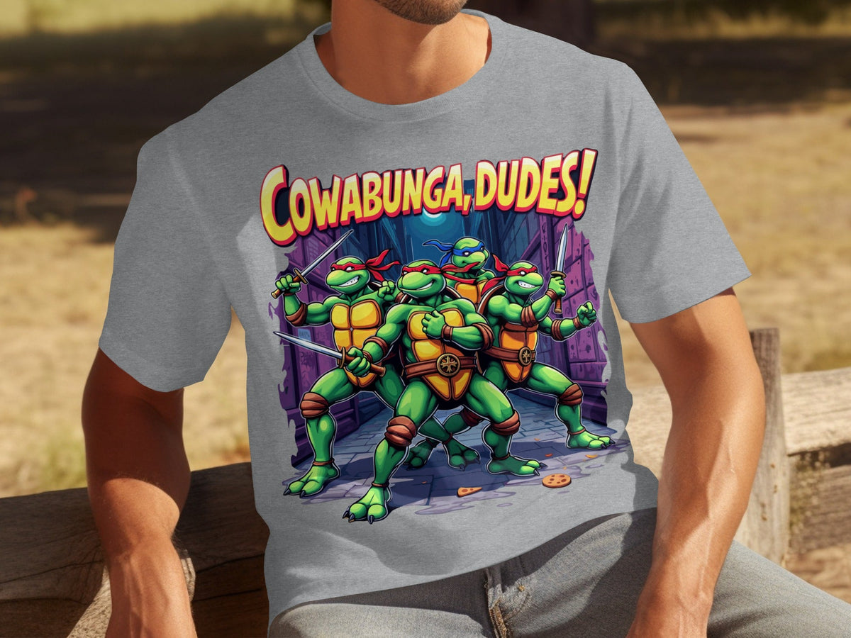 Cowabunga Dudes Four Turtles with Swords in Alley T-Shirts
