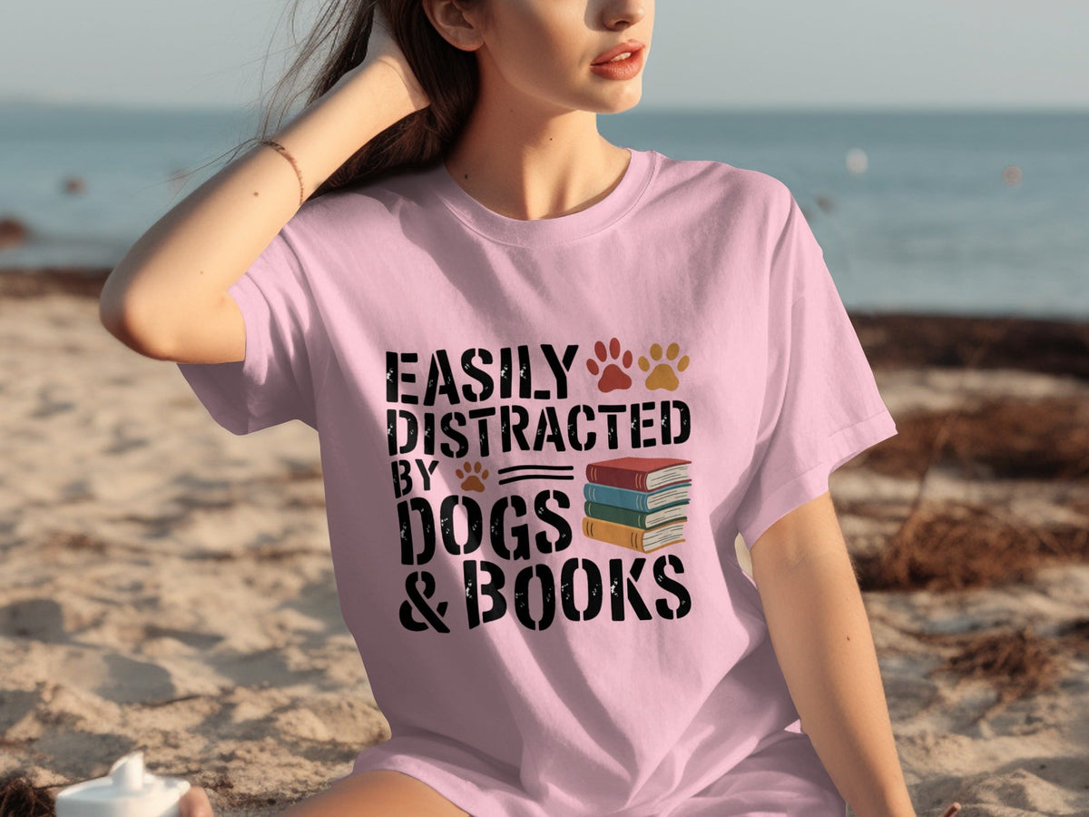 Easily Distracted by Dogs & Books Design Cool T-Shirts product image 12