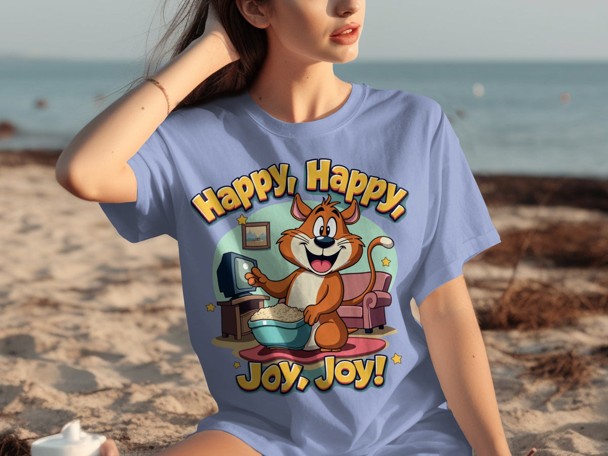 Happy Happy Joy Joy with Cartoon Cat Design T-Shirts