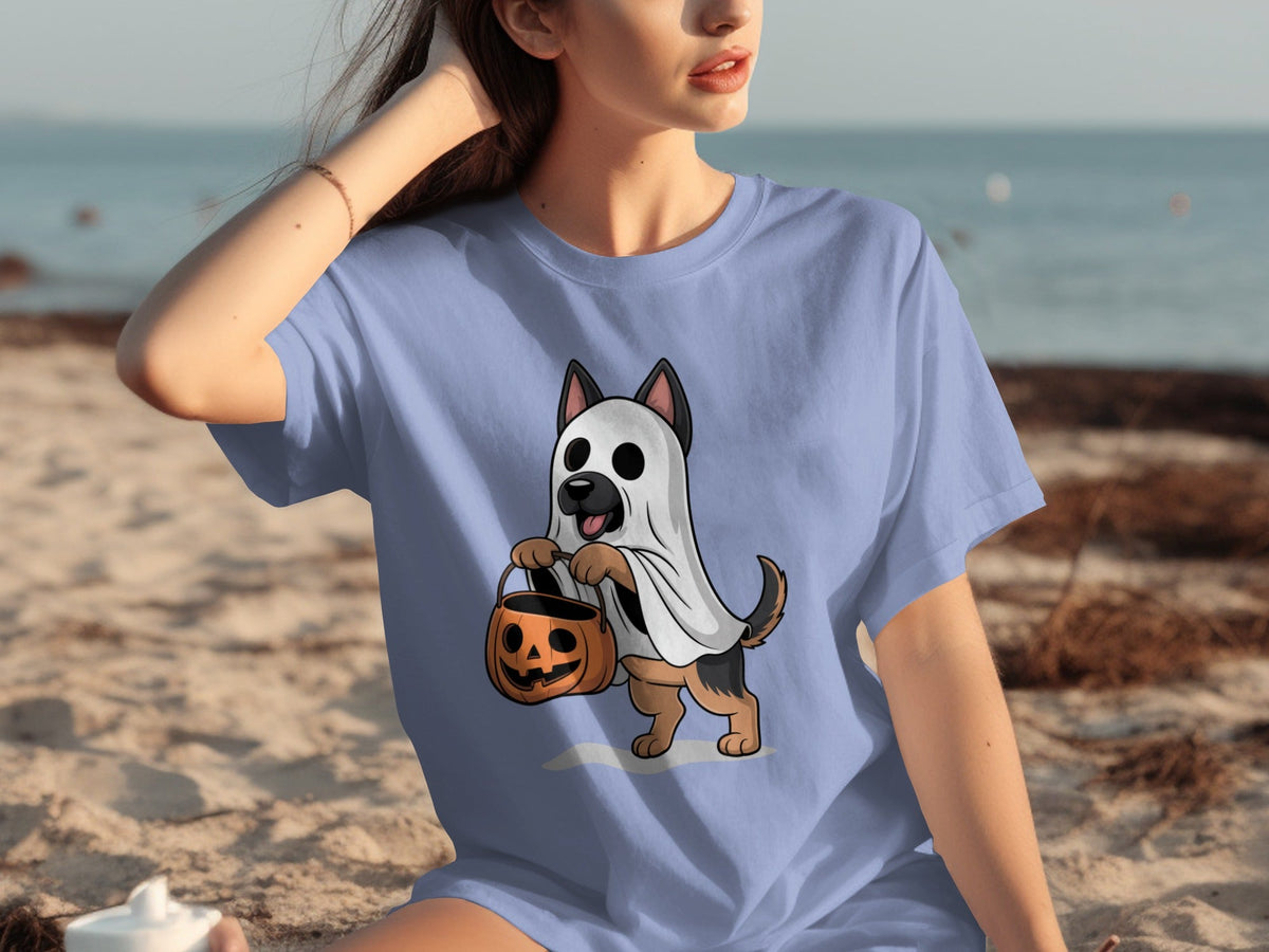 Cute German Shepherd Dressed as Ghost for Halloween T-Shirts
