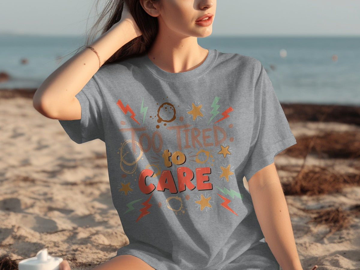 Too Tired to Care Coffee Spills and Stars Design T-Shirts product image 13