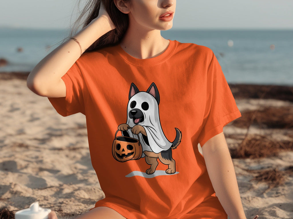 Cute German Shepherd Dressed as Ghost for Halloween T-Shirts