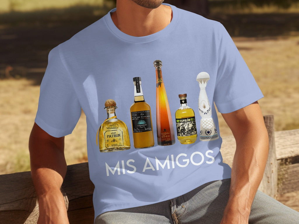 Tequila Bottles Lineup featuring Mis Amigos Text T-Shirts