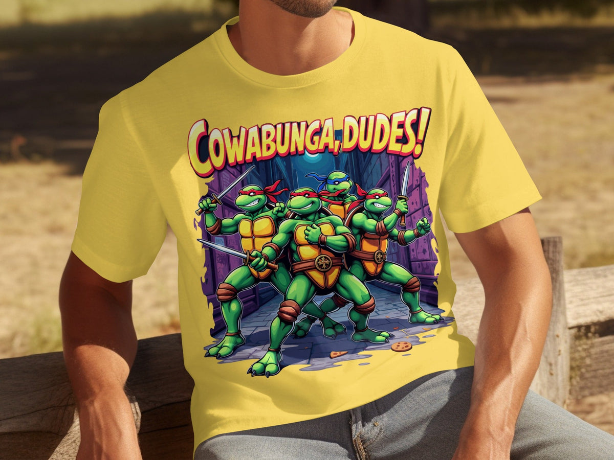 Cowabunga Dudes Four Turtles with Swords in Alley T-Shirts