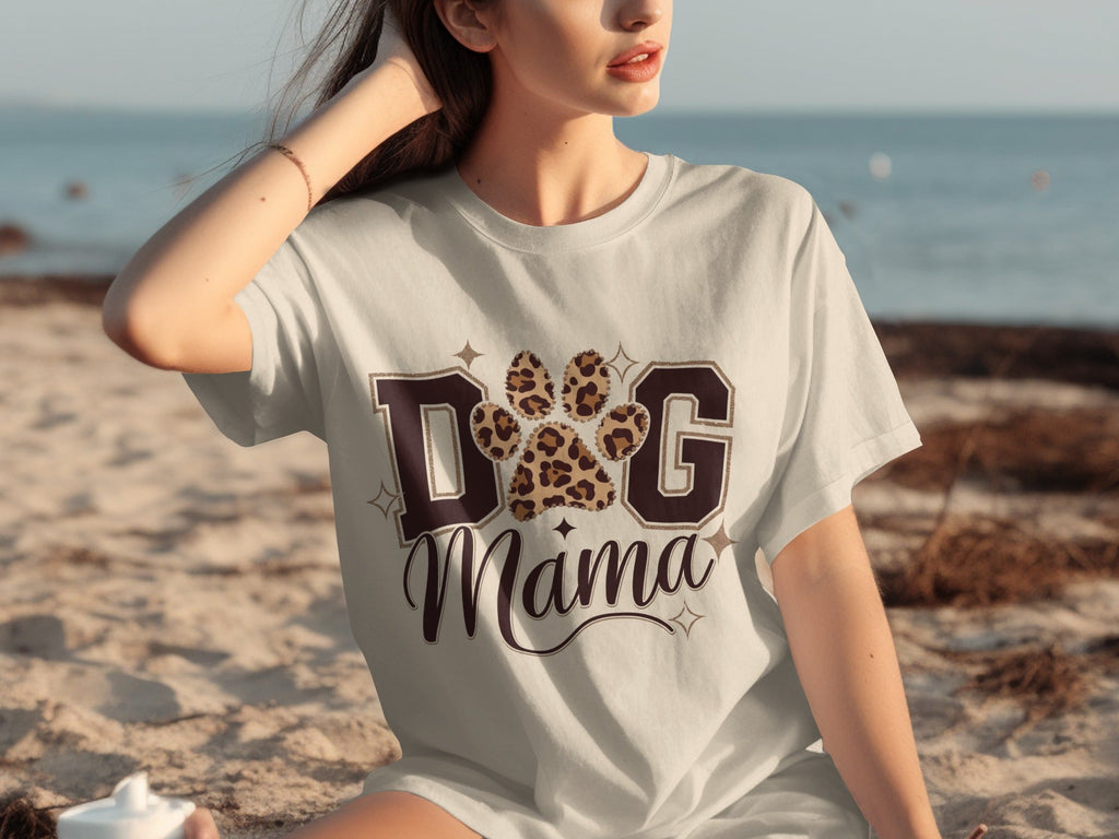 Dog Mama Lettering Design Leopard Paw Print Graphic T-Shirts