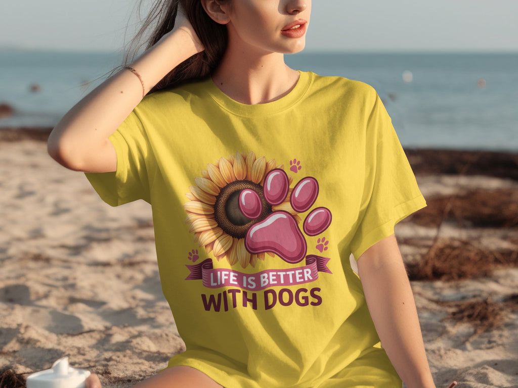 Life Is Better With Dogs Sunflower And Paw Print T-Shirts