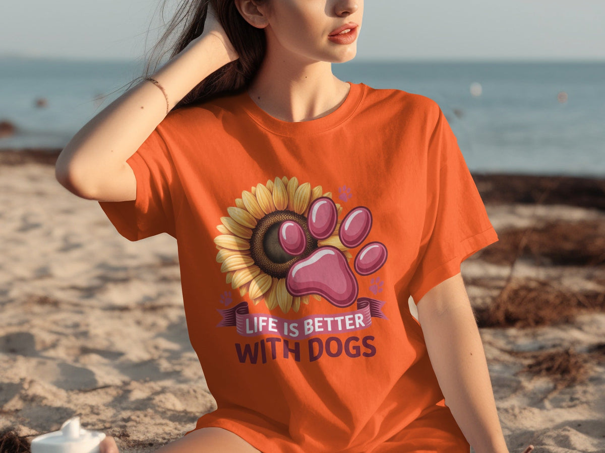 Life Is Better With Dogs Sunflower And Paw Print T-Shirts