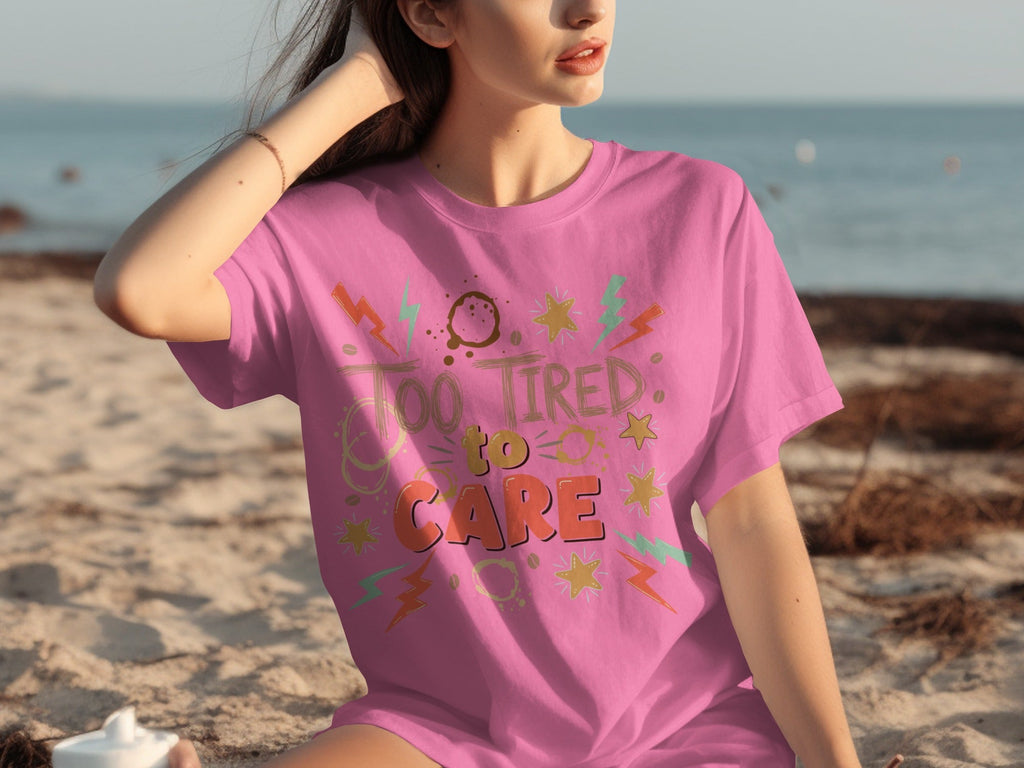Too Tired to Care Coffee Spills and Stars Design T-Shirts product image 2