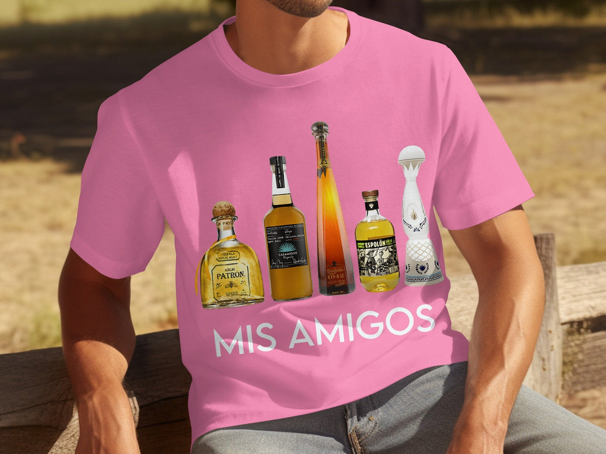 Tequila Bottles Lineup featuring Mis Amigos Text T-Shirts