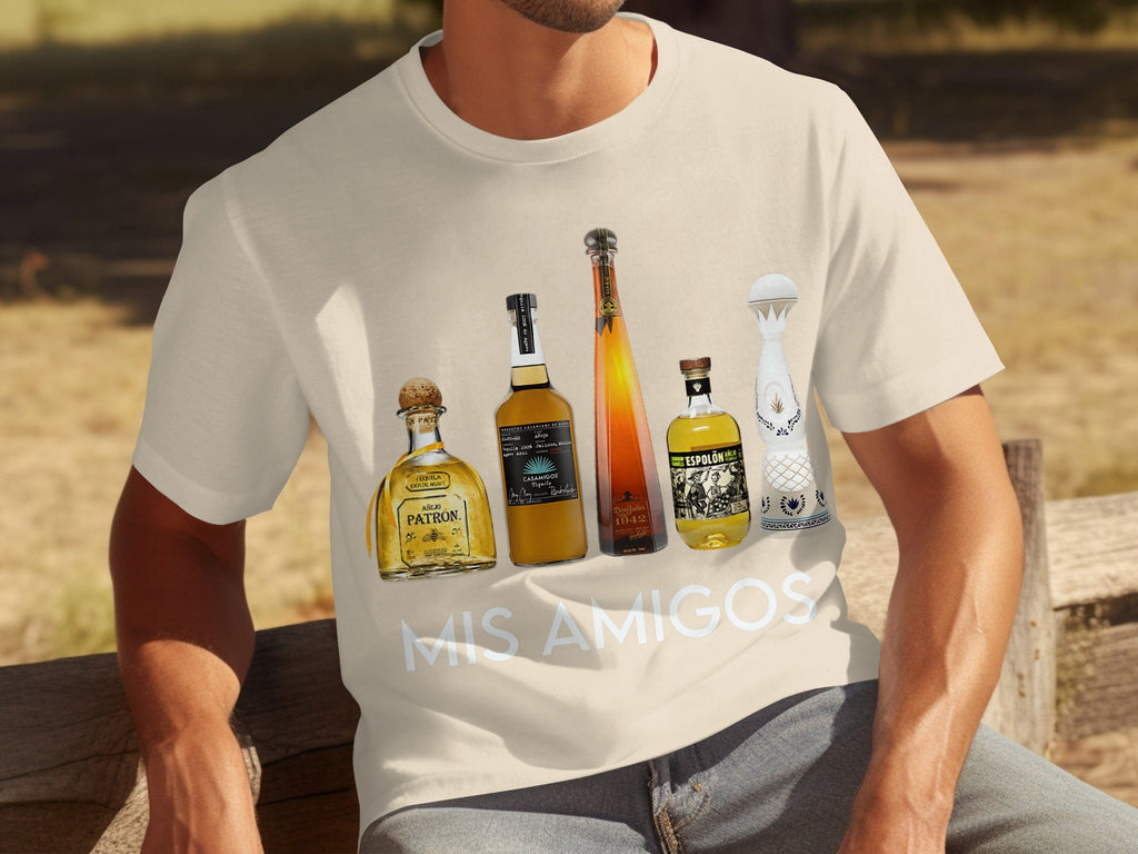 Tequila Bottles Lineup featuring Mis Amigos Text T-Shirts