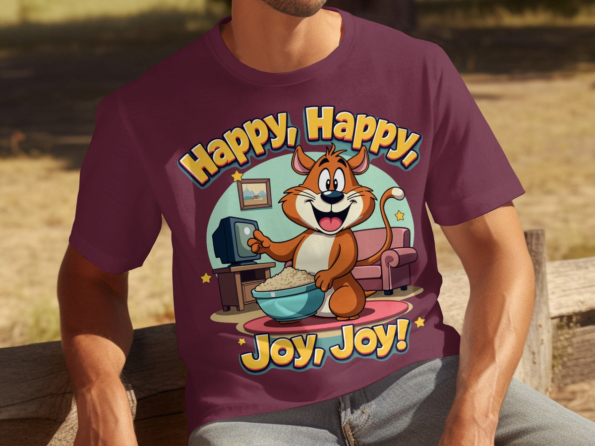 Happy Happy Joy Joy with Cartoon Cat Design T-Shirts