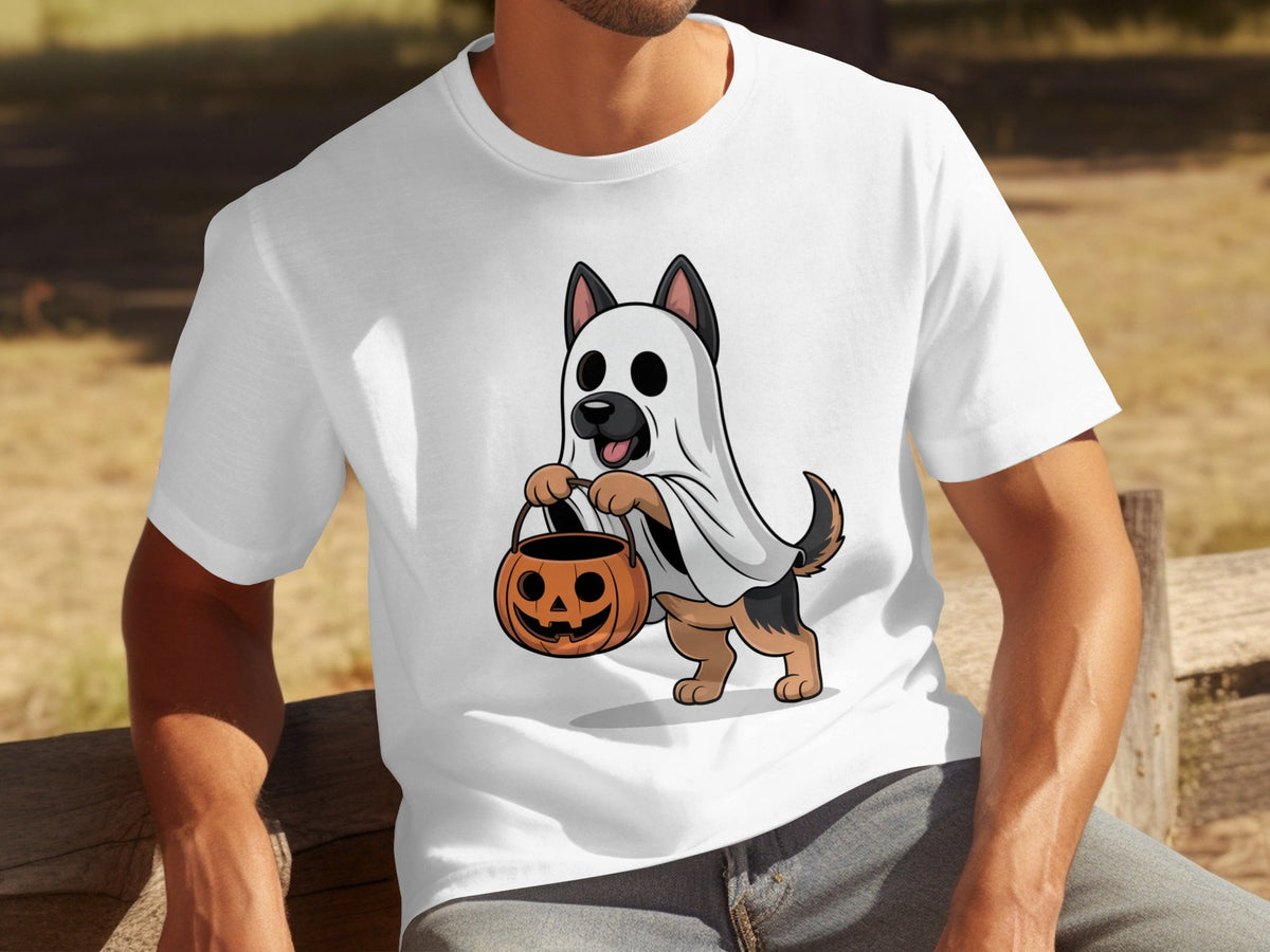 Cute German Shepherd Dressed as Ghost for Halloween T-Shirts