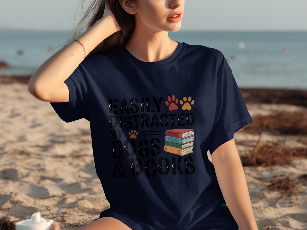 Easily Distracted by Dogs & Books Design Cool T-Shirts product image 9