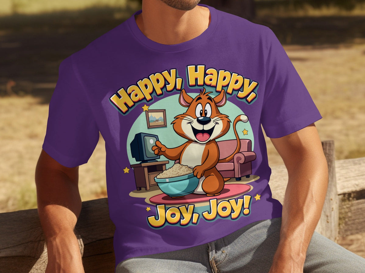 Happy Happy Joy Joy with Cartoon Cat Design T-Shirts