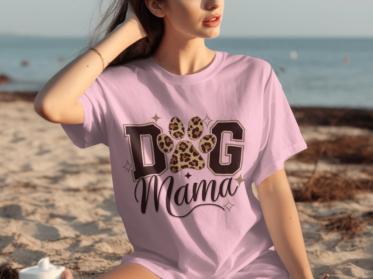 Dog Mama Lettering Design Leopard Paw Print Graphic T-Shirts