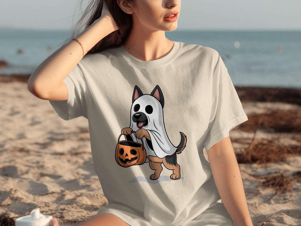 Cute German Shepherd Dressed as Ghost for Halloween T-Shirts