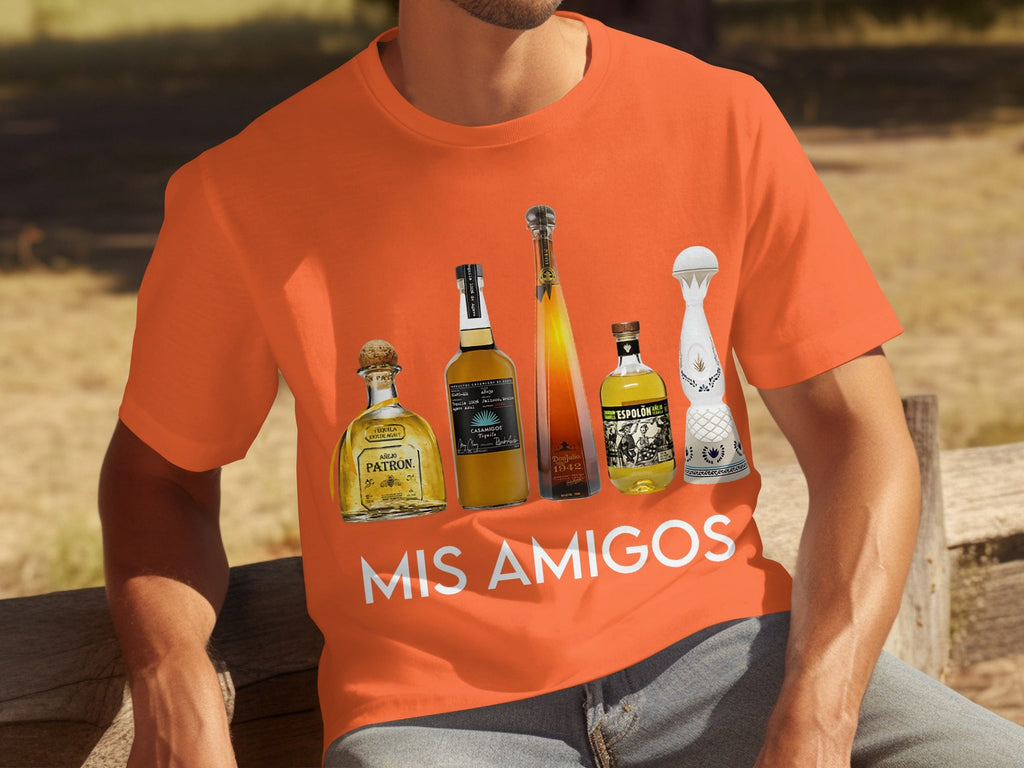Tequila Bottles Lineup featuring Mis Amigos Text T-Shirts
