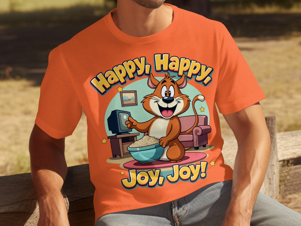 Happy Happy Joy Joy with Cartoon Cat Design T-Shirts