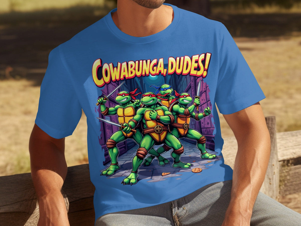Cowabunga Dudes Four Turtles with Swords in Alley T-Shirts