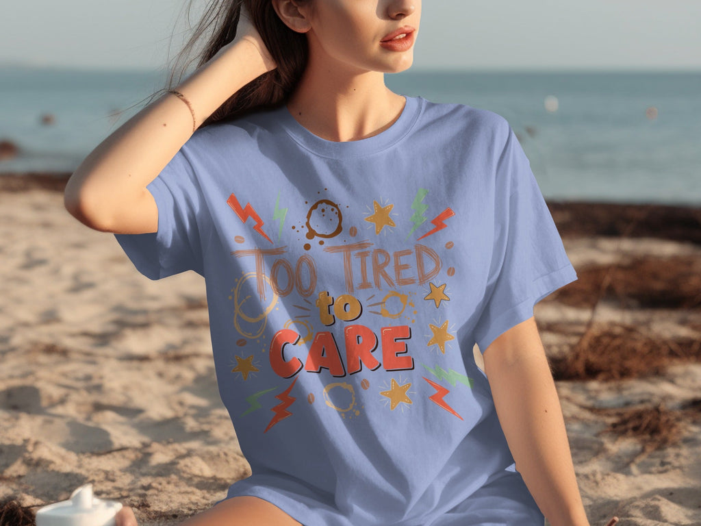 Too Tired to Care Coffee Spills and Stars Design T-Shirts product image 11