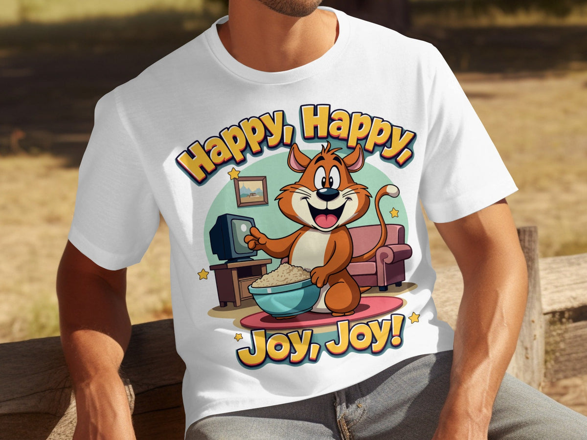 Happy Happy Joy Joy with Cartoon Cat Design T-Shirts
