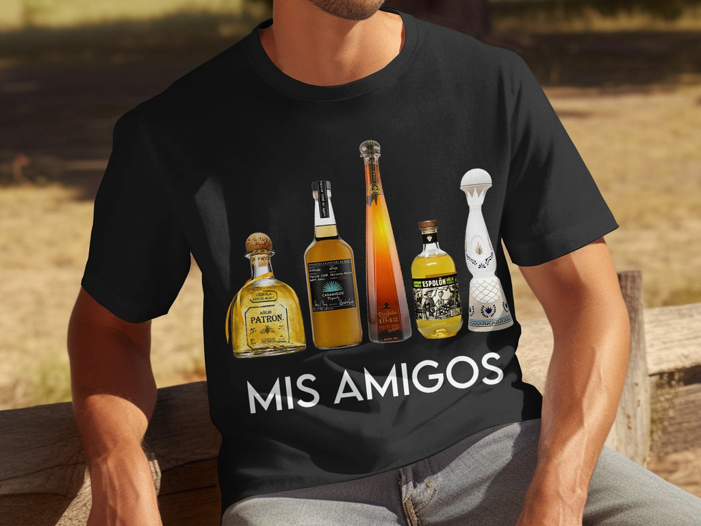 Tequila Bottles Lineup featuring Mis Amigos Text T-Shirts