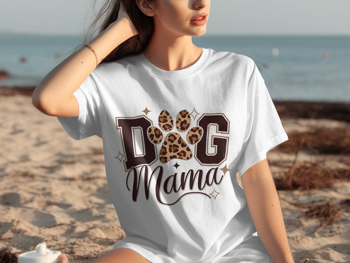 Dog Mama Lettering Design Leopard Paw Print Graphic T-Shirts