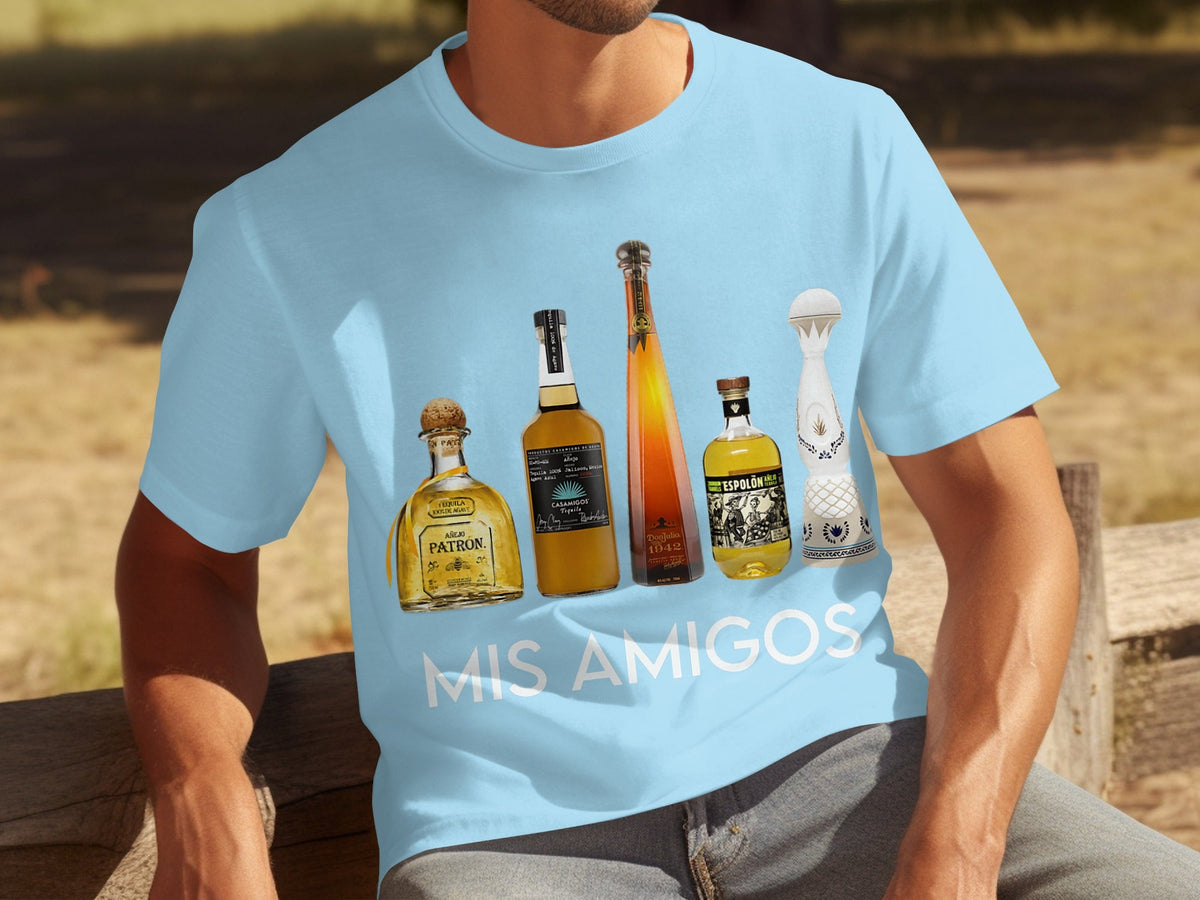 Tequila Bottles Lineup featuring Mis Amigos Text T-Shirts