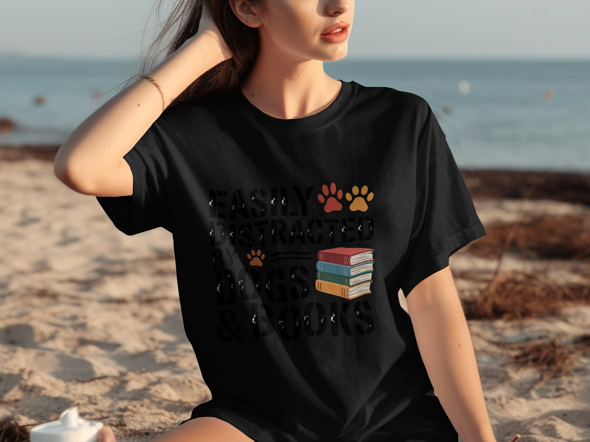 Easily Distracted by Dogs & Books Design Cool T-Shirts product image 15