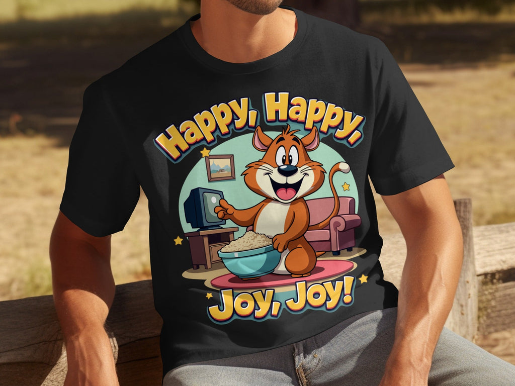 Happy Happy Joy Joy with Cartoon Cat Design T-Shirts