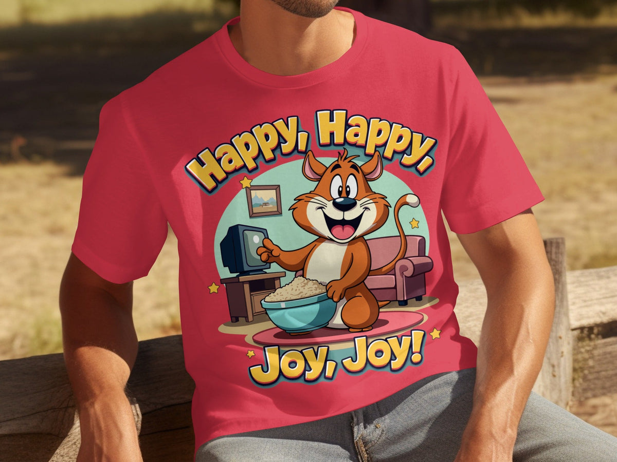 Happy Happy Joy Joy with Cartoon Cat Design T-Shirts
