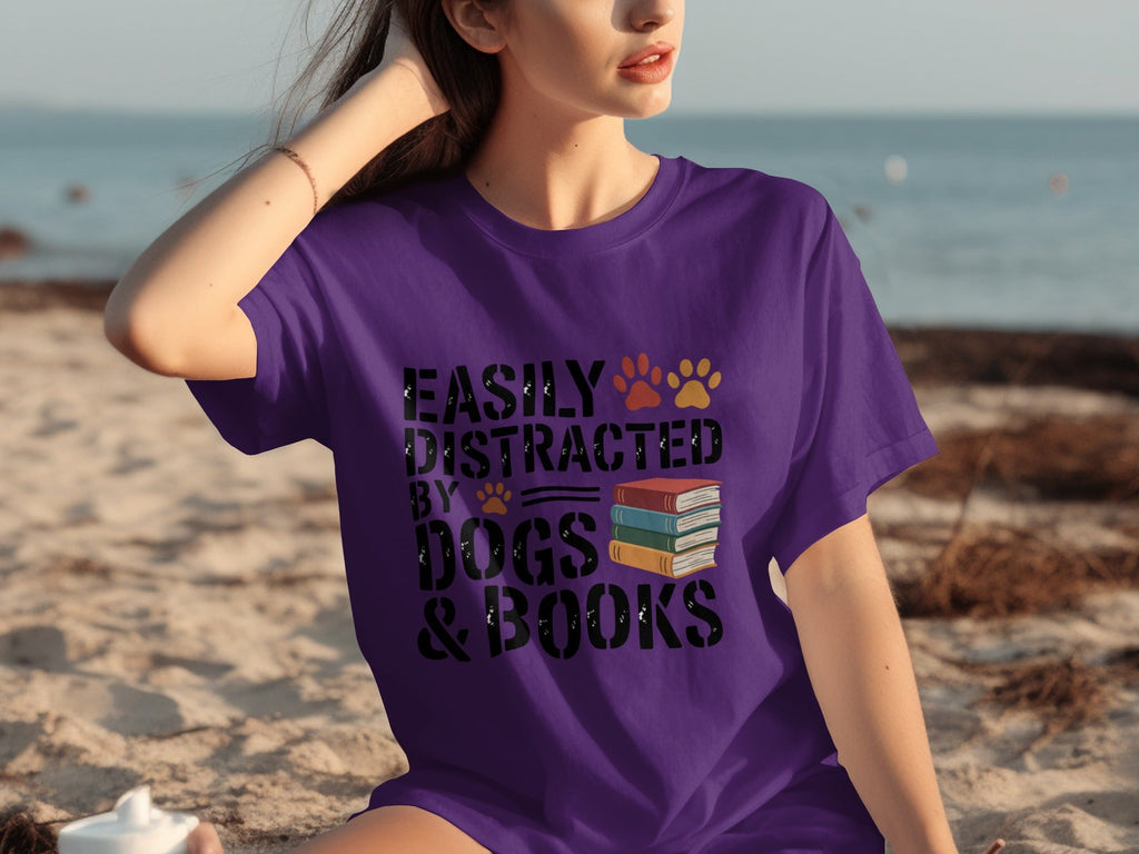 Easily Distracted by Dogs & Books Design Cool T-Shirts product image 10