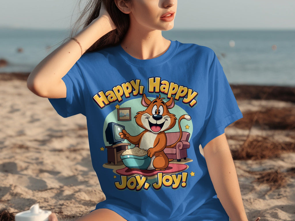 Happy Happy Joy Joy with Cartoon Cat Design T-Shirts